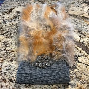 Infinity scarf with rabbit fur and rhinestone accent